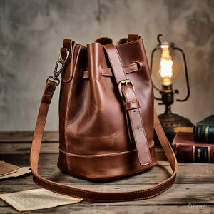 2025 estilo bohemio Retro bolso de cubo de cuero genuino para mujer de gran capacidad con patrón de Color sólido fábrica al por mayor - Product Image 5