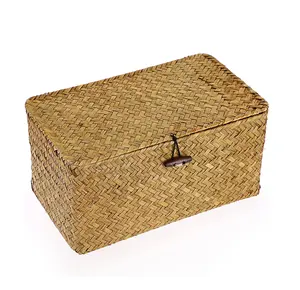 Wicker Shelf Baskets Bin with Lid Handwoven Seagrass Basket Storage Bins Rectangular Household Basket Boxes for Shelf Wardrobe
