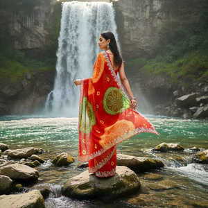 Sari en Georgette pur avec imprimé Bandhani Jodhpur, magnifique travail de Pita dans la séquence C~Pallu, travail de Butti sur la bordure du sari - Product Image 1
