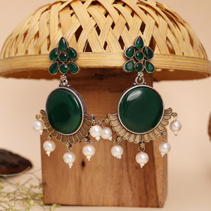 Oxidized Handmade Ethnic <b>Earrings</b> Featuring Green Stone Festive and Wedding Occasions - Product Image 2