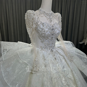 Robe de soirée pour femme OY005 moderne, scintillante, à manches longues, ornée de sequins, de perles et de dentelle florale, avec traîne chapelle, pour mariée - Product Image 4