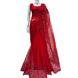 Hoa hồng màu đỏ bữa ăn tối & bên đặc biệt dành cho người lớn mặc Vải lưới mềm mại tuyệt đẹp tìm kiếm thêu đẹp lạ mắt Saree với lấy trộm - Product Image 1