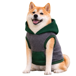 Sweat à capuche pour chien gris et vert, en polaire doux, sans manches, avec poche contrastée - Product Image 1