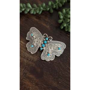 Barrette à cheveux vintage Jereme Delgarito Kingman, faite à la main en argent sterling et turquoise, motif papillon - Product Image 2