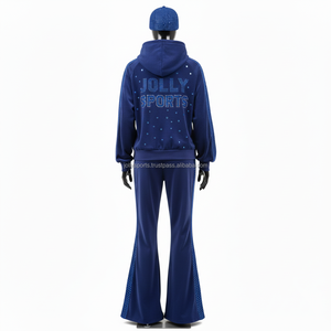 Women <b>Tracksuit</b> Premium Polyester <b>Velour</b> 280 GSM Navy Blue Panel Design Heat Press Rhinestone Custom Logo <b>Tracksuits</b> <b>Plus</b> <b>size</b> - Product Image 2