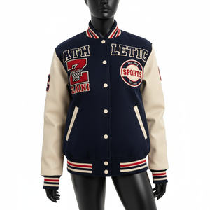 Veste universitaire pour femmes Premium Laine mélangée 350 GSM Marine et Crème Manches contrastées Logo personnalisé Broderie Veste universitaire pour femmes - Product Image 1