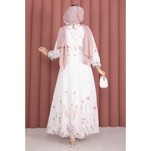 Robe en mousseline écru à motif floral, demi-boutonnée, ceinturée, élégante et discrète pour femme, taille XS, respirante, légère, coupe Empire, manches bouffantes, idéale pour la journée - Product Image 4