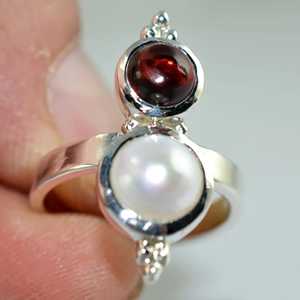 925 Sterling <b>Silver</b> Handmade Boho June Birthstone <b>Ring</b> Freshwater Pearl <b>Garnet</b> Perfect Gift for Her Birthday - Product Image 4