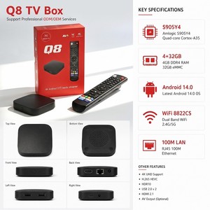 Boîtier de streaming intelligent Q8 Android 14 S905Y4 4G 32G 4K WIFI BT 5.0 Widevine L1, 1 pièce MOQ, logo personnalisé, <span class=keywords><strong>application</strong></span> CMS, télécommande, notification push, prix OEM - Product Image 1