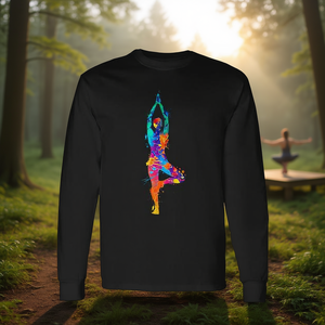 Camiseta de manga larga con diseño artístico de árbol en acuarela y yoga, diseño colorido - Product Image 3