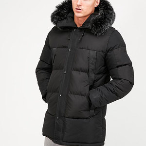 Veste d'hiver matelassée pour homme avec logo personnalisé, col montant tendance, capuche en fourrure de coton, coupe-vent, respirante, streetwear - Product Image 1
