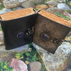 Triple Moon Third Eye Crystal Stone Leather Journal <b>Book</b> of <b>Shadows</b> with Thread Saddle Stitching Binding - Product Image 1
