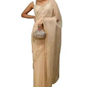 Pure Organza Saree Met Prachtig Gouden Handgemaakt Werk Overal Sari En Witte Zijden Blouse Van Indiase Exporteur