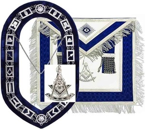Tablier maçonnique fait à la main pour le passé maître officier de loge bleu avec collier de chaîne bijou argent broderie artisanat et couture - Product Image 1