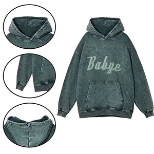 Venta al por mayor 3D bordado Street-Wear Vintage Cropped Hoodie Distressed Acid Washed Loose Fit Distinct Relieve Woven Fleece - Product Image 6