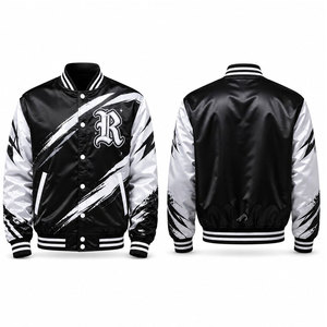 Veste universitaire noire et blanche pour homme avec logo R imprimé par sublimation, col rabattu, simple boutonnage, tenue décontractée d'automne - Product Image 1