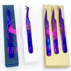 Pinzas para extensiones de pestañas de lujo, volumen de acero de 90 grados, paquete personalizado de Plasma púrpura, puntas de fibra sostenibles ecológicas - Product Image 5