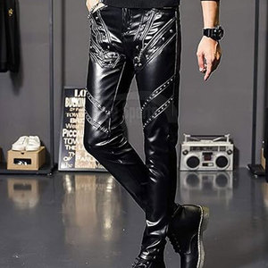 Customized High Quality <b>Men's</b> Leather Casual Pants Eco-Friendly Breathable Lightweight Winter Outdoor Straight Curved Striped - Product Image 2