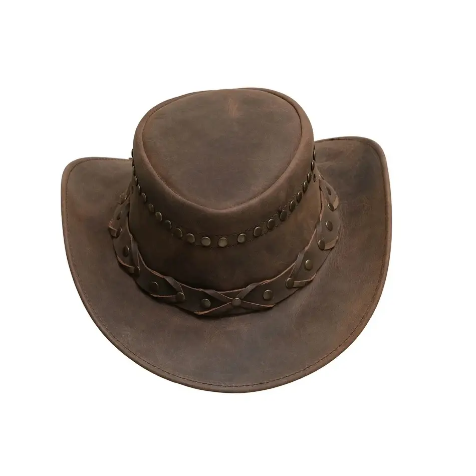 OEM مخصص في الهواء الطلق جلد طبيعي رعاة البقر الغربية قبعة بحافة جلد طبيعي رعاة البقر القبعات للرجال النساء المشتري