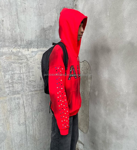 Ropa de calle de alta calidad 500 Gsm Heavy Rhinestone Letter Printing Vintage Acid Wash Sun Faded Zip Up Rhinestone Sudadera con capucha para hombre - Product Image 2