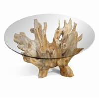 Table basse moderne en racine de teck naturel avec plateau rond en verre, design écologique à hauteur réglable pour usage intérieur