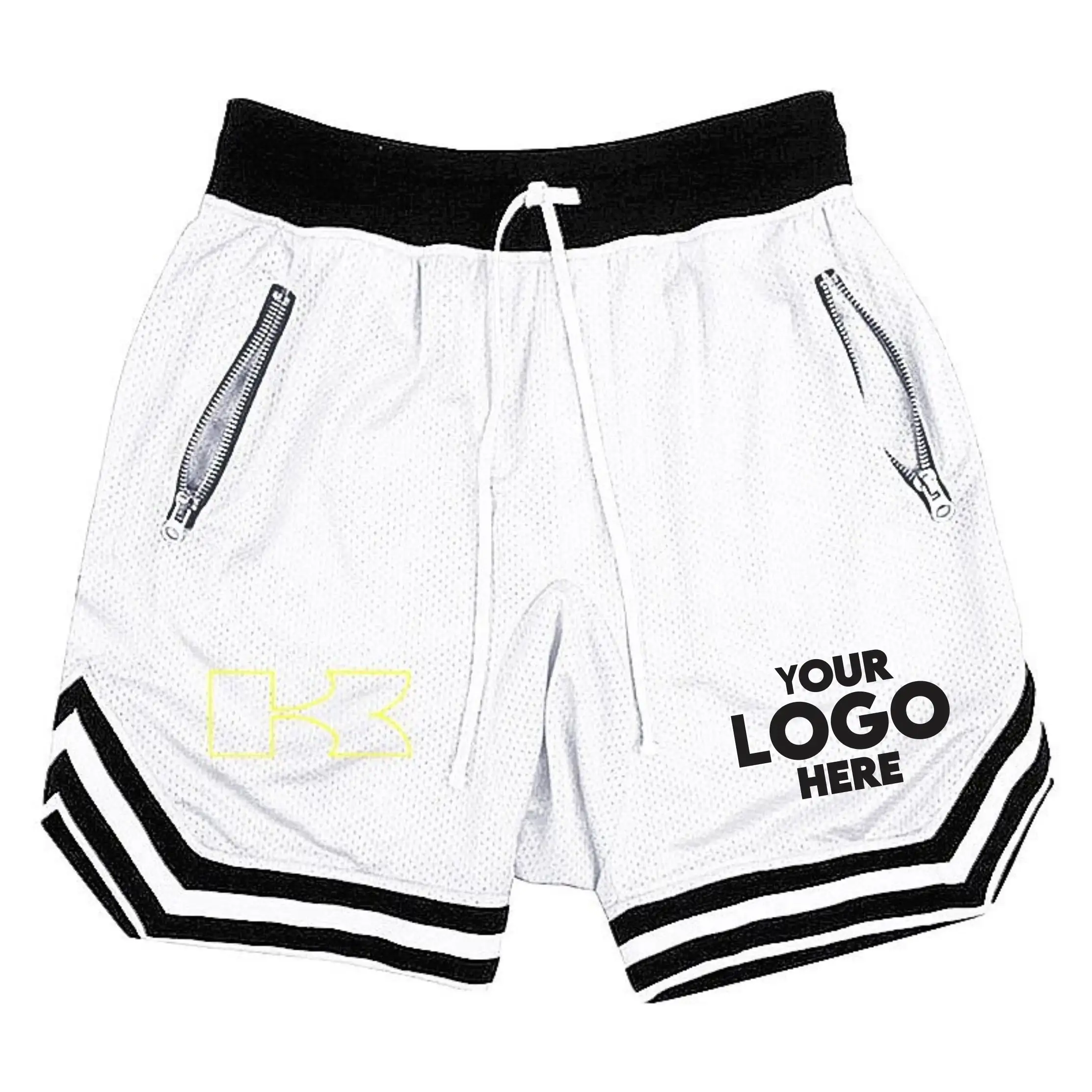 Pantalones cortos blancos de secado rápido con logotipo personalizado de 5 pulgadas de malla interior para hombre, pantalones cortos de malla/pantalones cortos de gimnasio para hombre en blanco