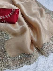 Bangalore Unstitched Satin Organza Silk Saree with Bright Sequins Embroidery and Pure Satin Blouse Including an <b>Ethnic</b> <b>Bandana</b> - Product Image 3