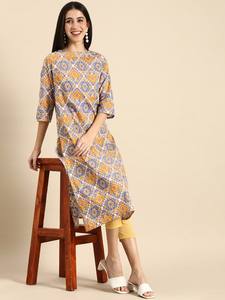 Mujeres étnicas amarillas motivos étnicos impreso puro algodón Kurta con pantalones indio pakistaní salwaar kameez traje - Product Image 2