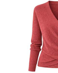 Pull en tricot rouge pour femmes, style enveloppant, manches longues, col en V, doux, décontracté, haut d'hiver élégant, pull tendance pour femmes pour un usage quotidien - Product Image 3