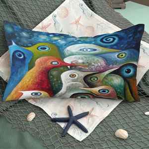 Coussin imprimé moderne avec oiseaux abstraits bleus, coussin décoratif au ciel étoilé surréaliste, 12"x24" - 30x60 cm - Product Image 4