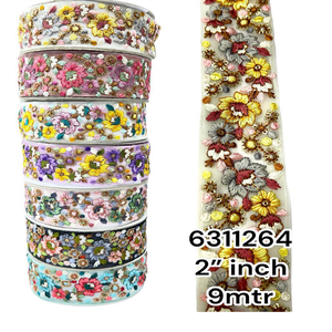 Fait sur mesure en 2 pouces de largeur floral conçu lacets brodés avec le travail de séquence pour les dames portent et à des fins de revente. - Product Image 2