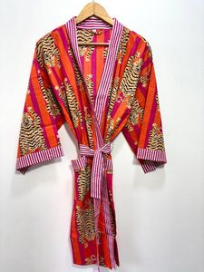 Kimono corto con estampado de Tigre, bata Kimono de algodón indio, ropa de playa, albornoz, bata, vestido de fiesta corto bohemio, vestido de dama de honor - Product Image 3