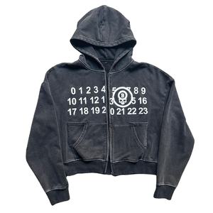 OEM Custom Manufacturer Wholesale 500 Gsm Oversized <b>Black</b> Screen Print <b>Men</b> Vintage Zip up Acid Wash Cropped <b>Hoodie</b> - Product Image 1