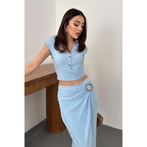 Baby Blue <b>Linen</b> Shirt And Skirt Set - Baby Blue - Product Image 3