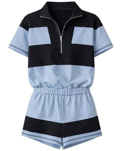 Custom <b>Women</b> <b>Black</b> Sky Blue Quarter Zip Short Sleeve Romper Two Piece Look Athletic Sportswear Casual Summer Activewear Outfit - Product Image 1