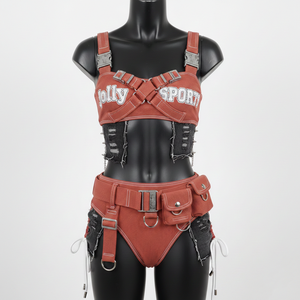 Ensemble de bikini haut de gamme pour femme en nylon et élasthanne 225 GSM, avec panneau à boucle utilitaire en côte brique et appliqué, logo personnalisé, bikinis pour femme - Product Image 1