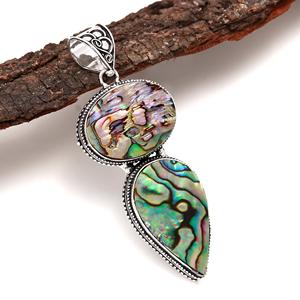 Natural Ablone Gemstone Christian <b>Charms</b> <b>Pendant</b> Oval Pear Shape Two Stone German Silver Vintage Handmade Design Large <b>Pendant</b> - Product Image 2