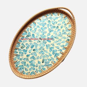 Plateau de service en rotin rond fait à la main avec incrustation florale de nacre plateau tissé décoratif pour la décoration intérieure café fruits et collations - Product Image 2