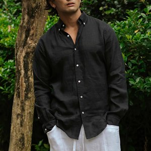 100% chemise décontractée en lin de haute qualité pour hommes conception personnalisée hauts amples à manches longues t-shirt pour l'été vêtements à la mode Bangladesh - Product Image 2