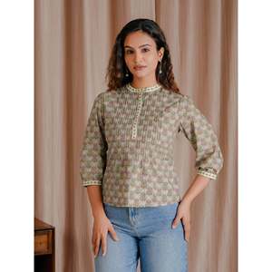 Chemisier court gris en coton Butti pour femme, style Pintux, col nœud, motif lettre diamant, respirant, 100% coton tissé, taille XS, longueur longue - Product Image 1
