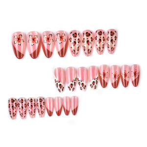24 pièces de faux ongles amande œil-de-chat <span class=keywords><strong>automne</strong></span>/hiver, manucure française 3D, motifs fleurs et imprimé léopard, vente en gros - Product Image 3