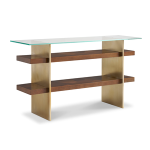 Mesa de Consola de Lujo con Chapa de Madera de Cerezo, Vidrio y Metal, Mesa de Entrada Moderna para el Pasillo, Muebles para Sala de Estar - Product Image 1
