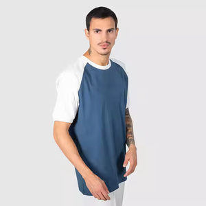 Camiseta en blanco sin etiqueta con cuello grueso de dos tonos para hombre, Camiseta de algodón con timbre pesado, camiseta de manga raglán con cuello redondo y retazos - Product Image 2