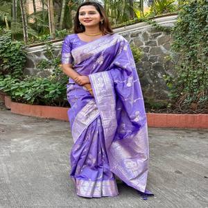 Sari de Seda Suave Banarasi Premium VASTRA COTTAGE, Tejido Jaal con Hilo Plateado, Pallu Tejido Enriquecido, Ropa Festiva con Blusa Lisa - Product Image 5