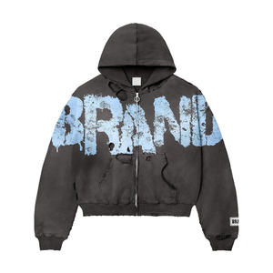 Survêtement unisexe en molleton de coton doublé tricoté sur mesure, imprimé surdimensionné, avec capuche à double fermeture éclair, streetwear, capuche 100% unie, hiver - Product Image 5