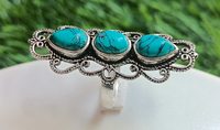Bague Statement Triple Pierre en Argent 925 Plaqué Rhodium, Style Bohème, Turquoise Vintage de Qualité Supérieure, Coupe Poire, Certifiée IGI, Unique