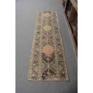 Alfombra de lana turca Vintage de 21x72 pies, tejido plano de retazos beige y marrón para decoraciones de sala de estar con respaldo de látex - Product Image 1