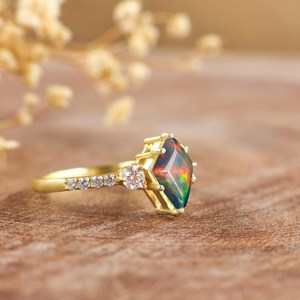 Black Fire Ethiopian Opal Wedding Ring For Women October <b>Birthstone</b> Natural Opal Ring 925 Sterling Silver 14K Gold Plated - Product Image 4