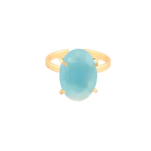 Bague réglable en calcédoine bleu ciel ovale en laiton plaqué or bijoux minimalistes damier coupe ovale pierre précieuse broche ensemble bague ouverte - Product Image 1