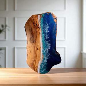 Unique resin chopping board featuring turquoise epoxy art made with acacia wood base ideal for <b>sushi</b> or fruit presentation - Product Image 2